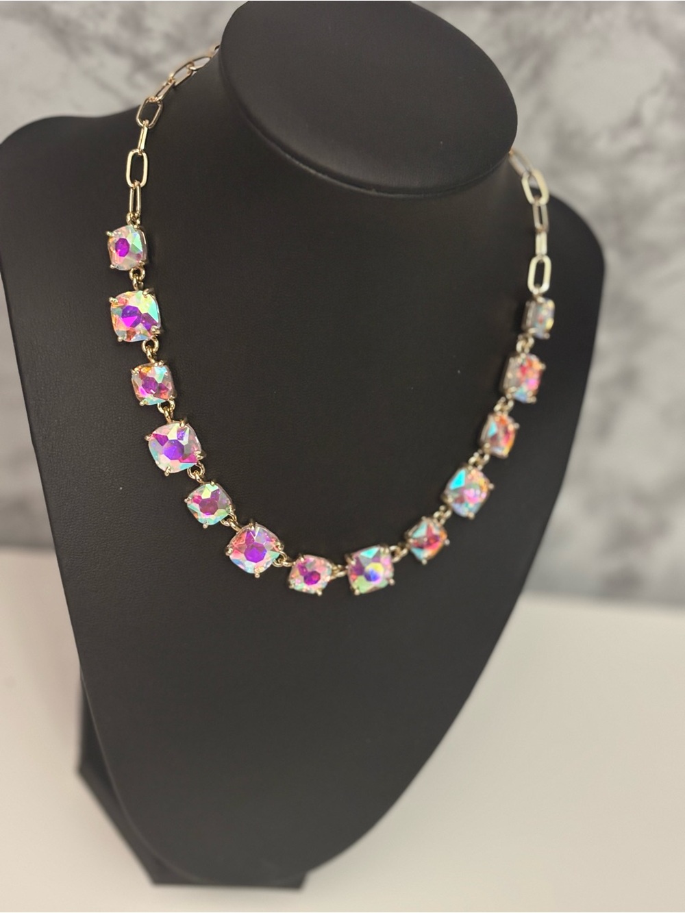 AB Rectangle glass link necklace with lobster claw closure. - Picture 3 of 5
